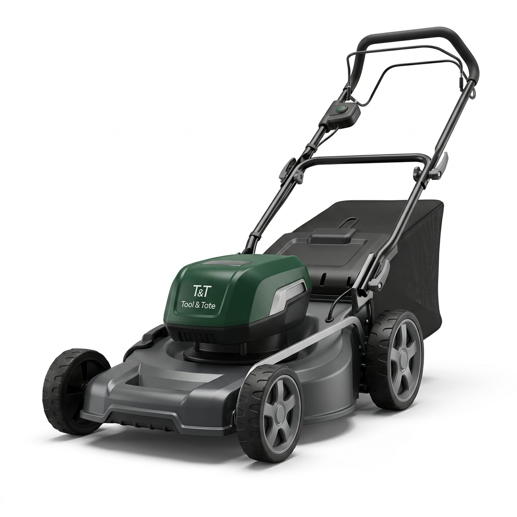 Cordless rotary lawn mower with green battery housing and gray cutting deck