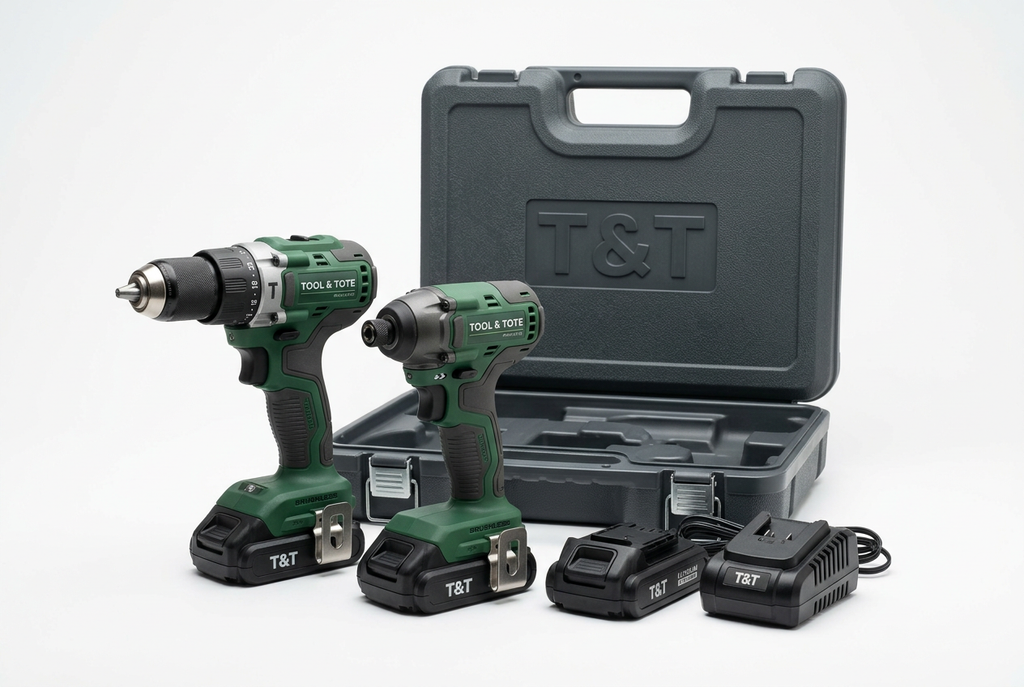 Green brushless combi drill and impact driver twin pack with open case, batteries