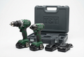 Green brushless combi drill and impact driver twin pack with open case, batteries