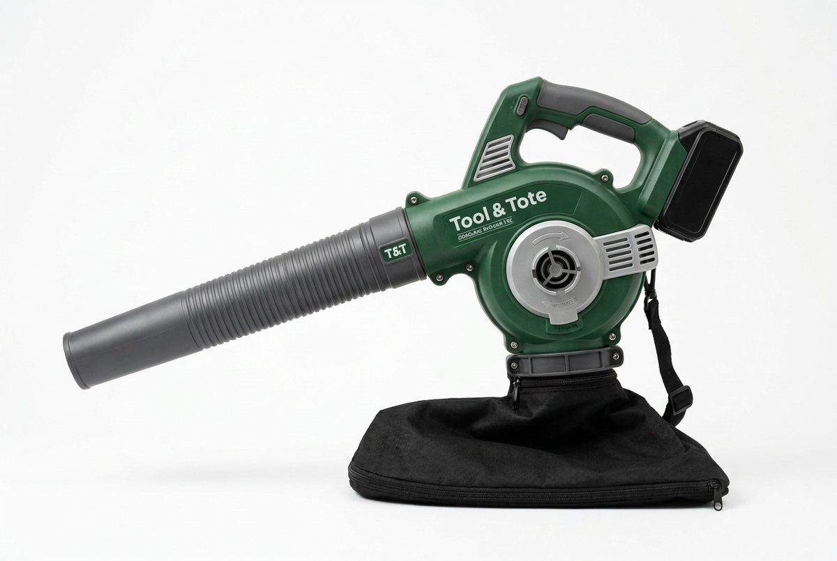 Cordless leaf blower/vacuum with nozzle tube, green motor housing and black bag