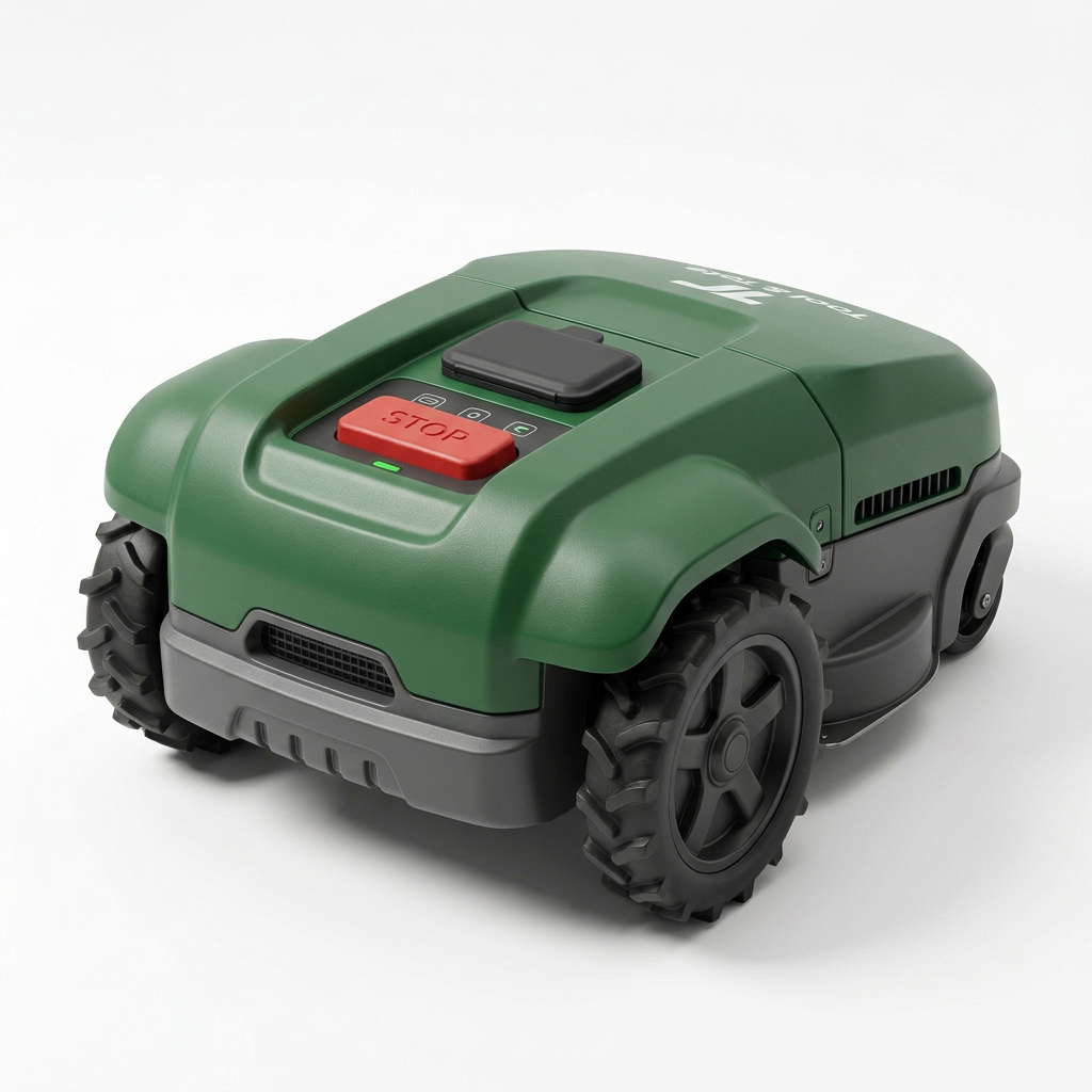 Green robotic lawn mower top controls with red STOP button, front grille and side wheels