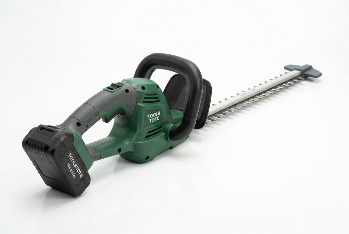 Handheld cordless hedge trimmer with green body, black battery pack, curved guard