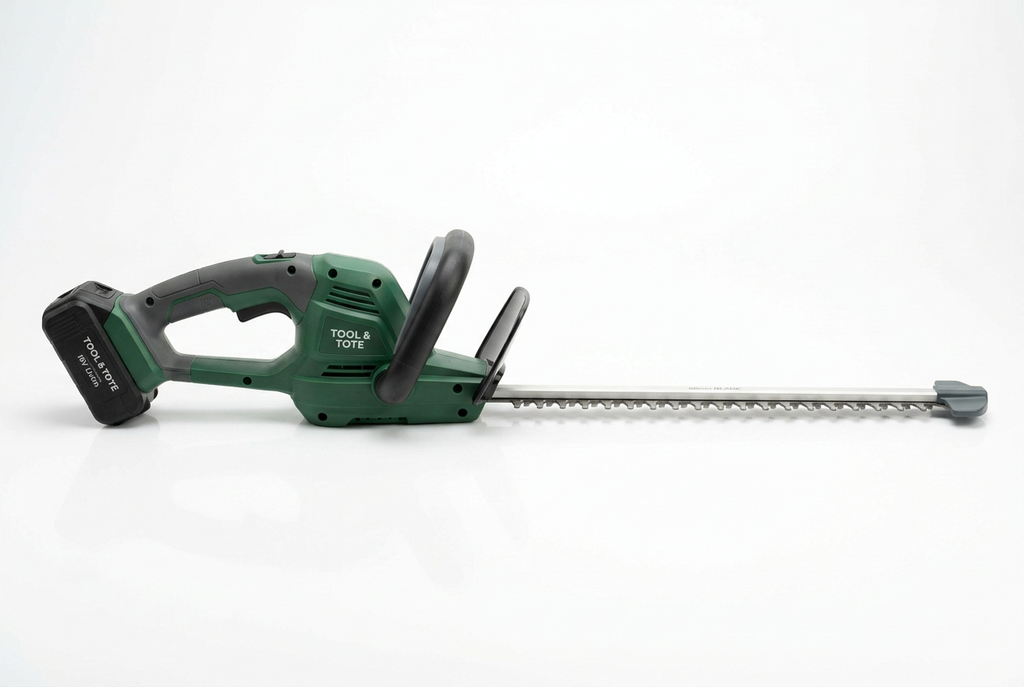 Cordless hedge trimmer, green body with black battery and dual-hand grip