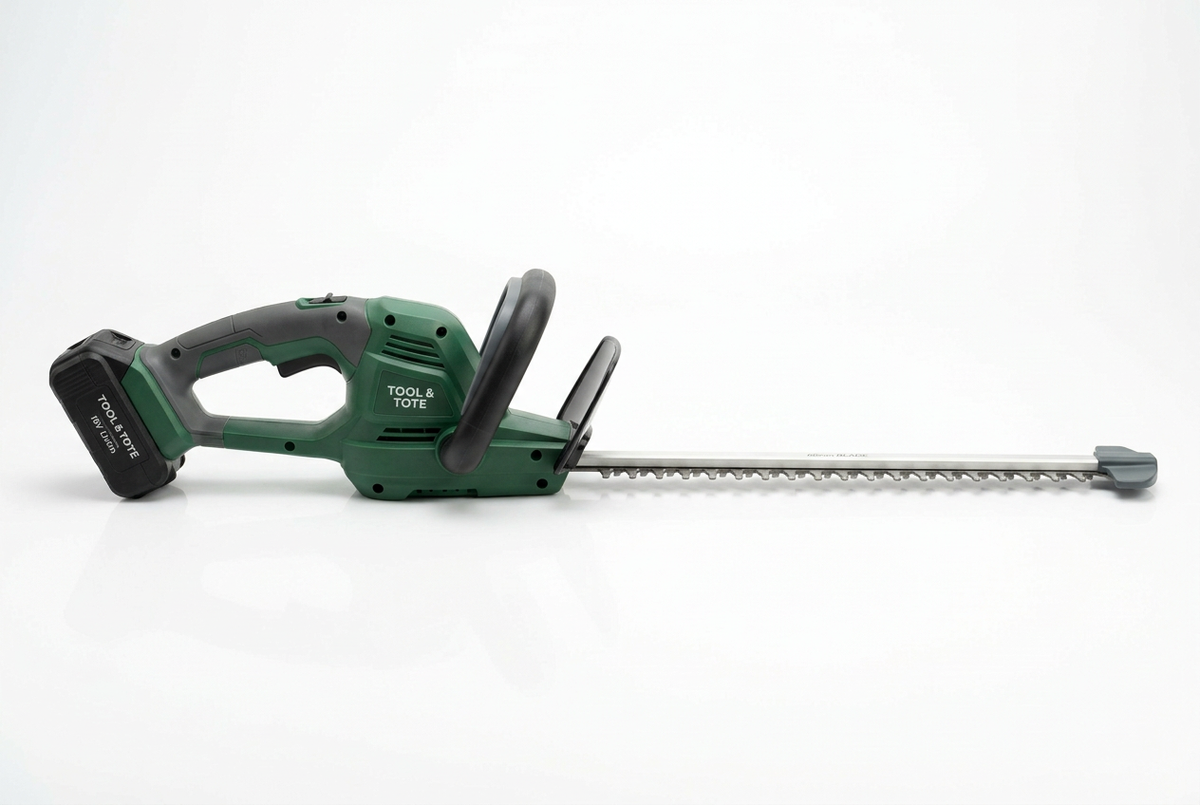 Cordless hedge trimmer, green body with black battery and dual-hand grip