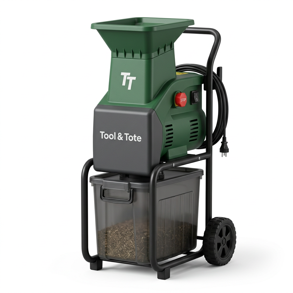 Electric garden shredder with green hopper, gray base, wheels, and clear collection bin