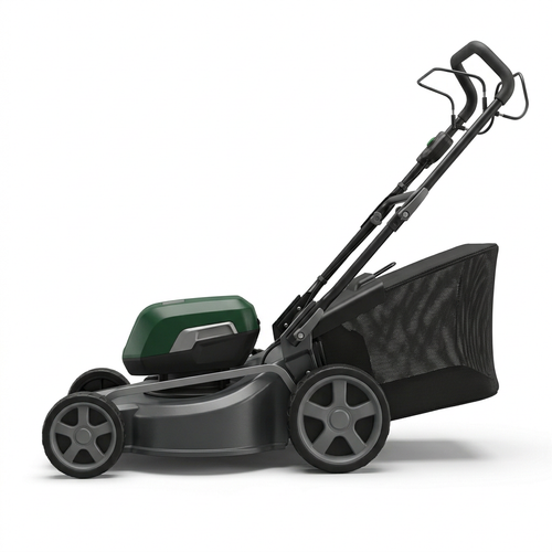 Cordless rotary lawn mower with green battery pack, gray wheels, and rear grass bag