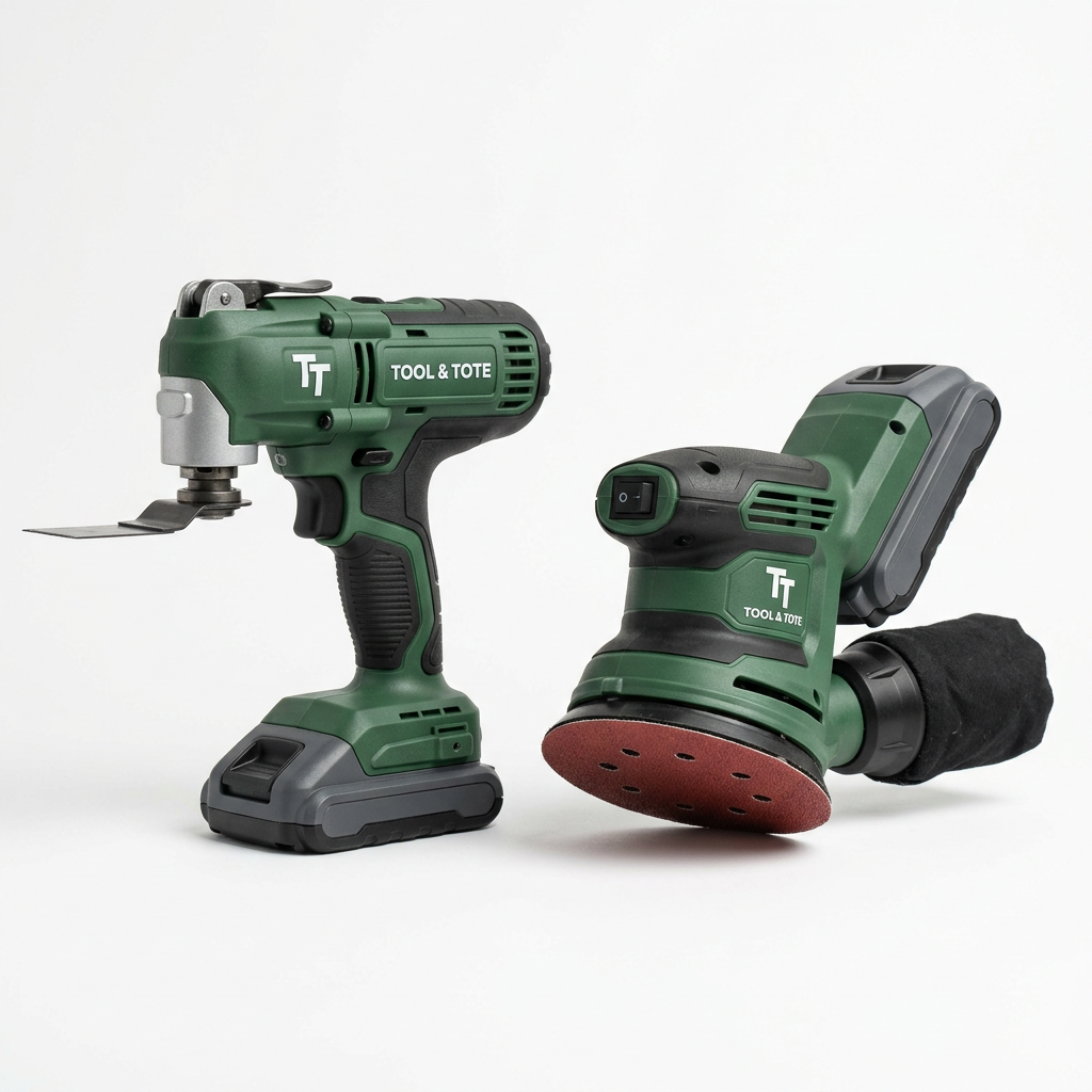 Green cordless multi-tool and orbital sander with black grips, sanding head visible.