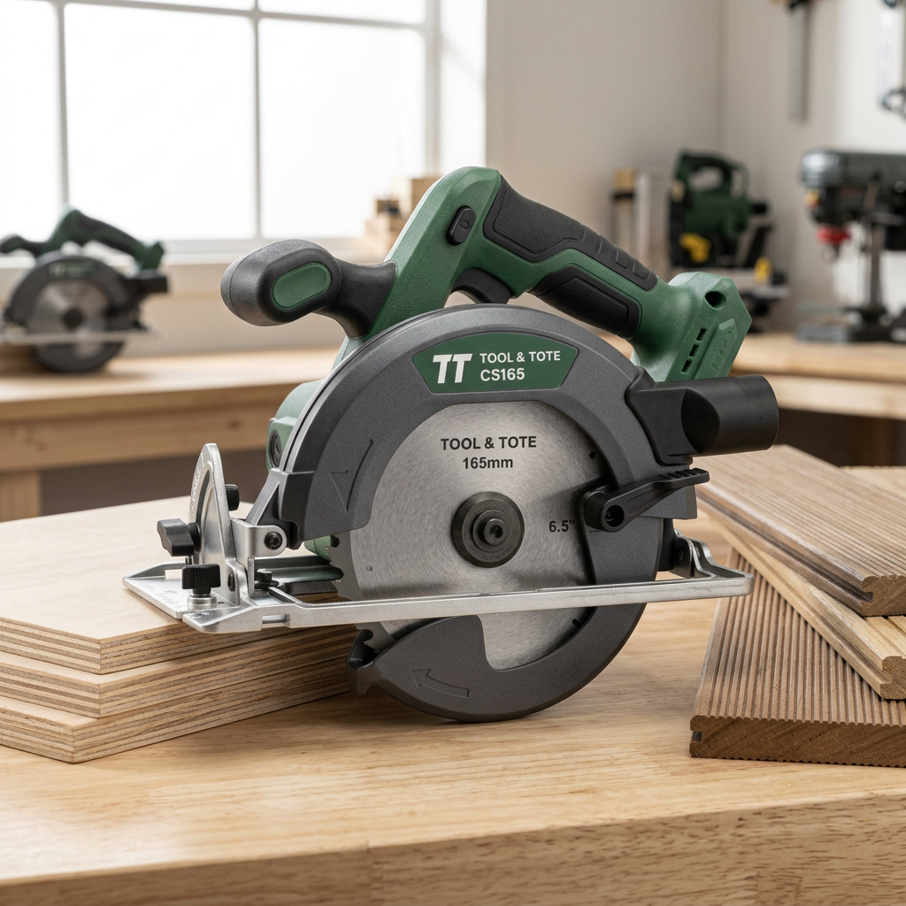Green cordless circular saw with side handle and silver base plate