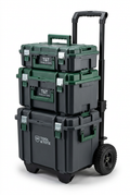 Modular rolling tool storage system with stacked gray and green cases, front view
