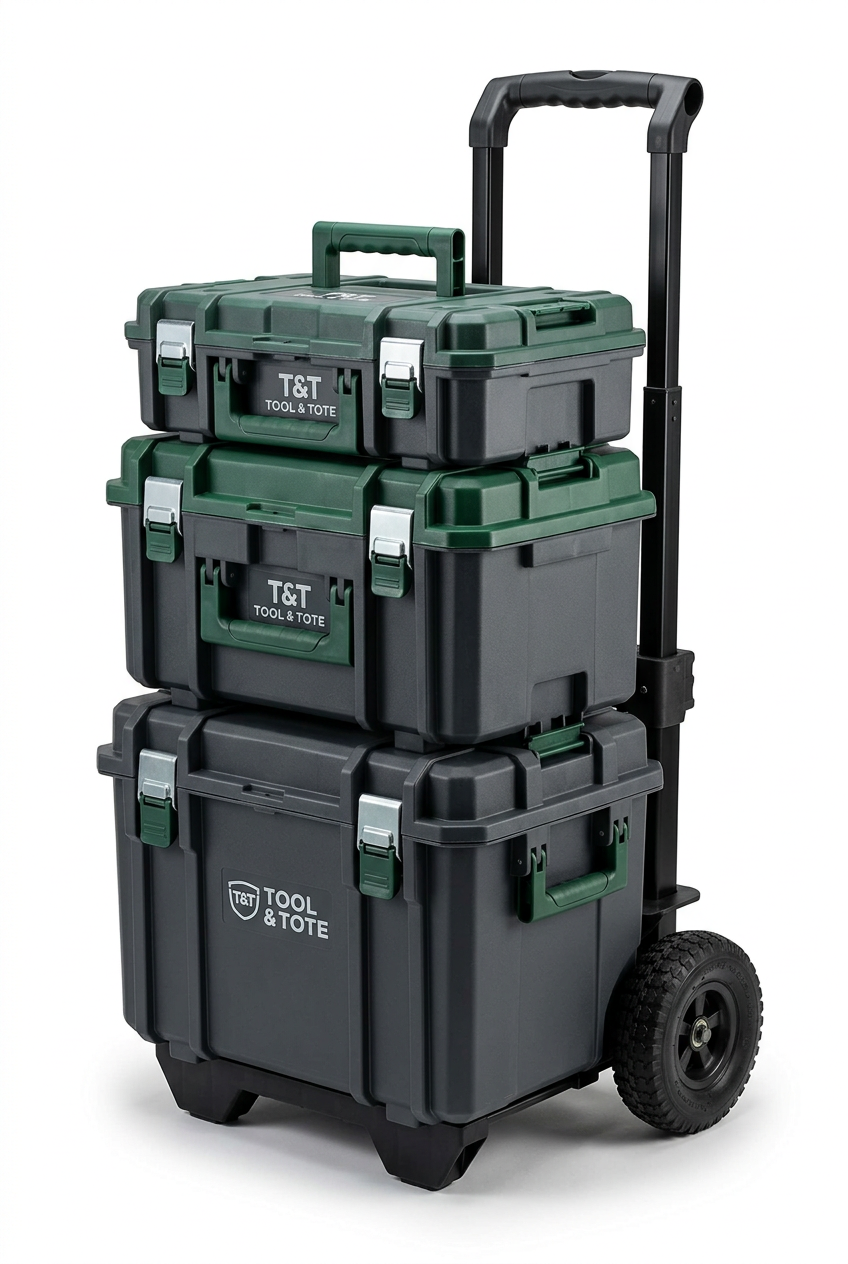 Modular rolling tool storage system with stacked gray and green cases, front view