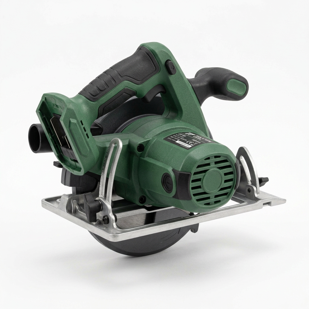 Green cordless circular saw, rear view with vented motor housing and side grip