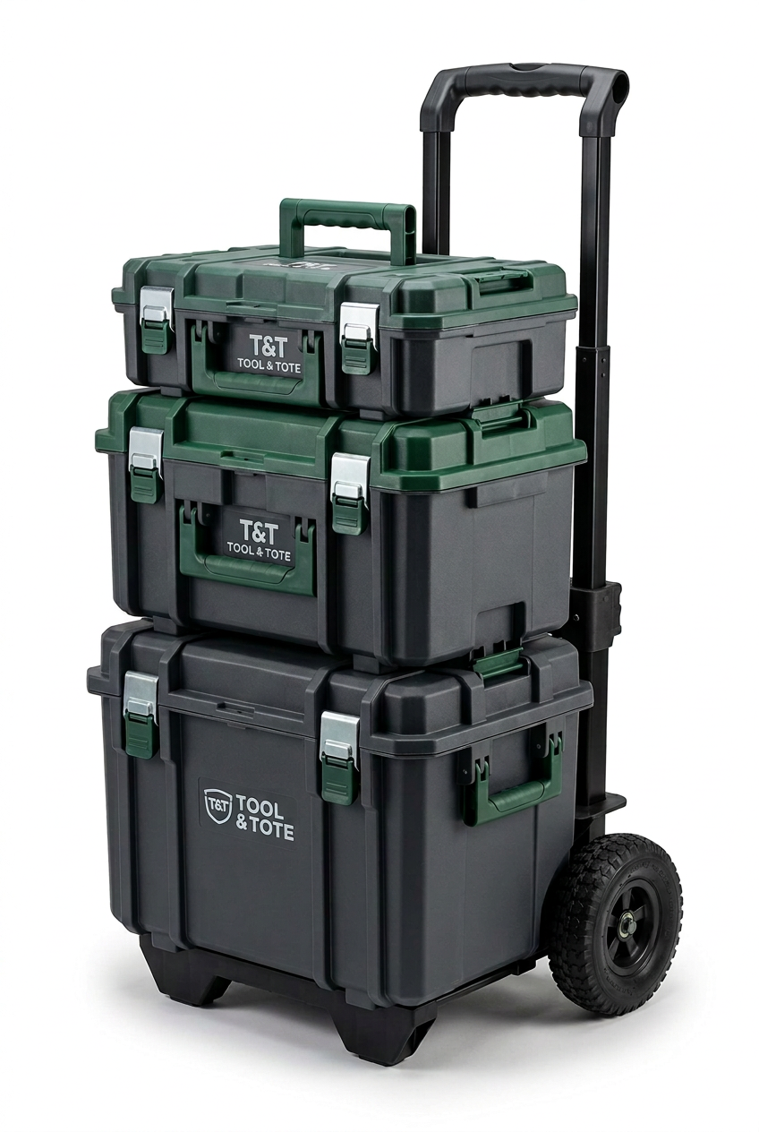 Stacked rolling tool storage cases in gray with green top case and pull handle