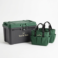 Tool storage chest with lock latch and green tote bag set with front pockets