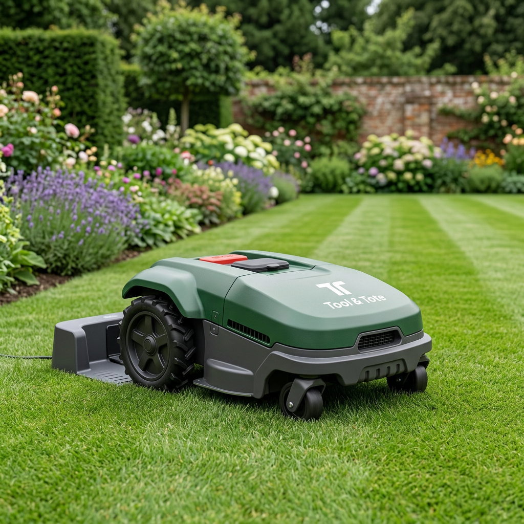Green robotic lawn mower on grass with Tool & Tote logo and front caster wheels