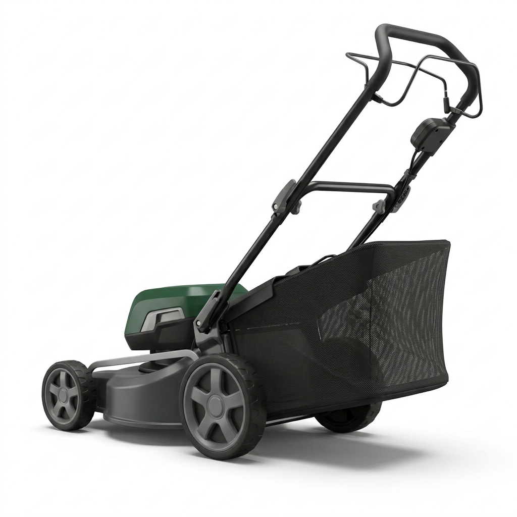 Cordless rotary lawn mower with foldable handle and black fabric grass bag