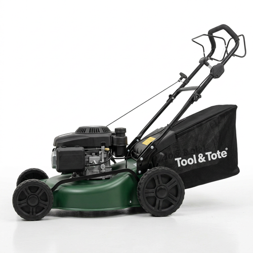 Self-propelled petrol lawn mower with Tool & Tote black grass bag, green deck, side view
