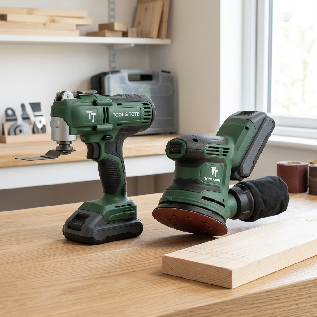 Green cordless multi-tool and orbital sander set on a workbench with sanding pad.