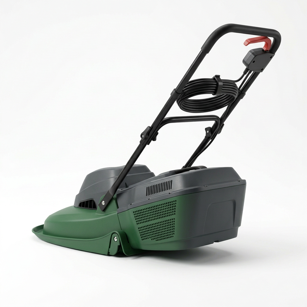 Tool & Tote electric hover lawn mower side view, green base and gray motor housing
