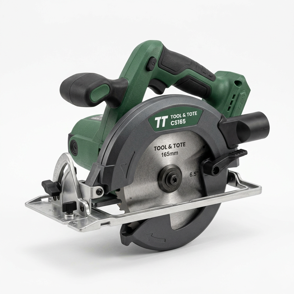 Green cordless circular saw, angled view with silver cutting base and blade