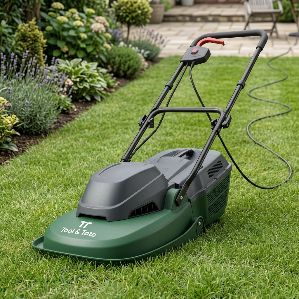 Tool & Tote electric hover lawn mower, green deck with gray top cover and front intake
