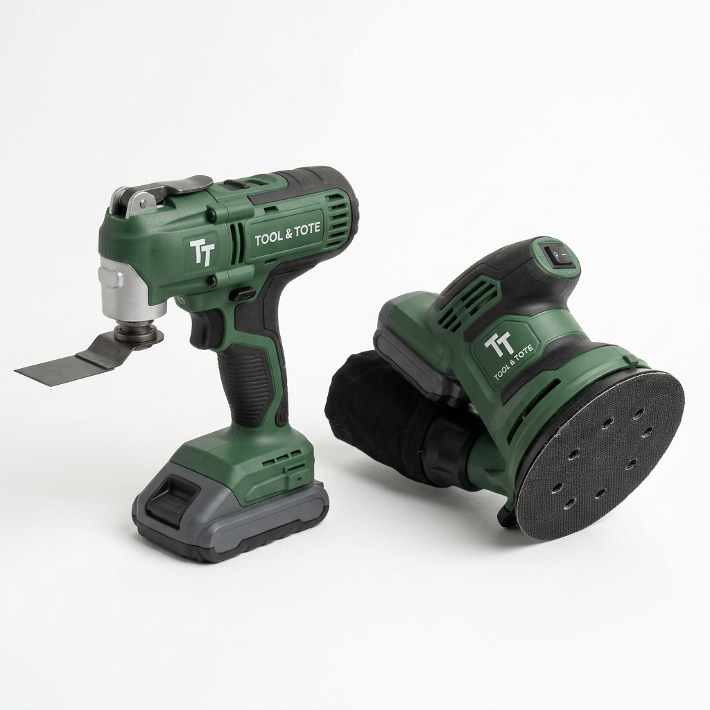 Green cordless multi-tool and orbital sander, flat blade and round sanding disc.