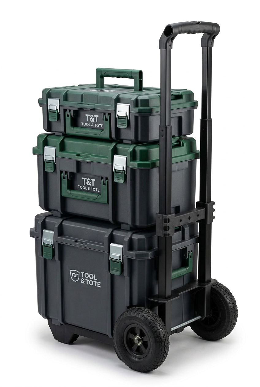 Modular rolling tool storage system with side latches and stacked gray-and-green cases