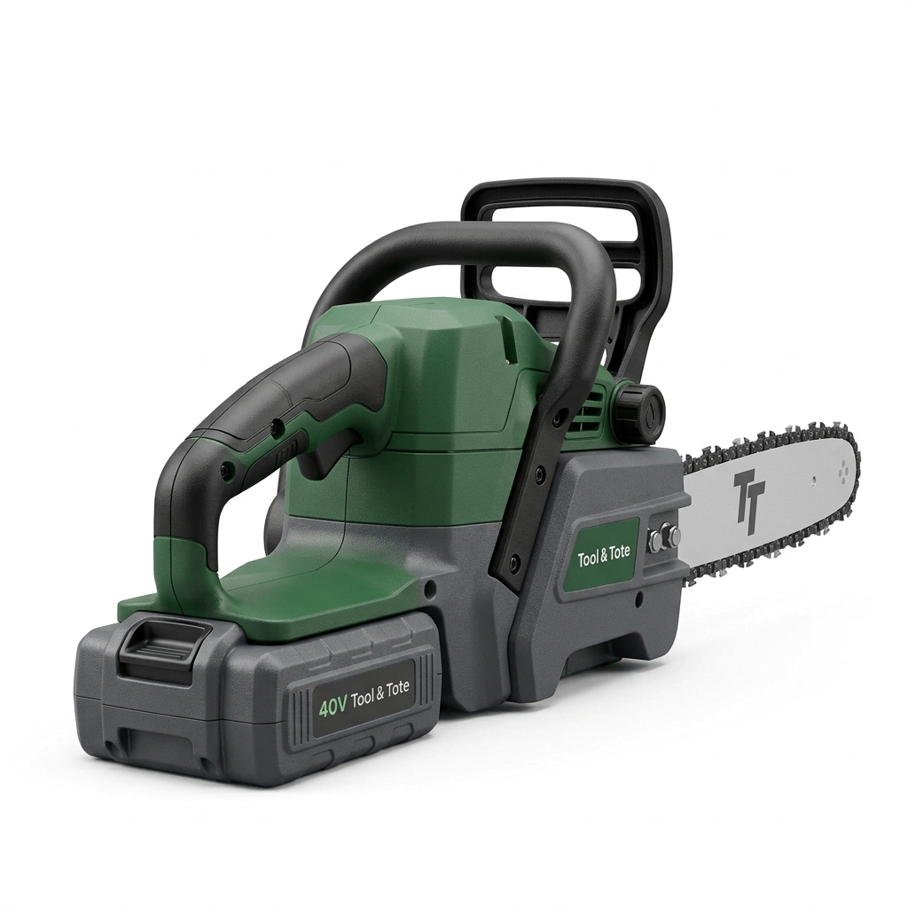 Cordless chainsaw side view, green housing and gray body with black handle and chain bar