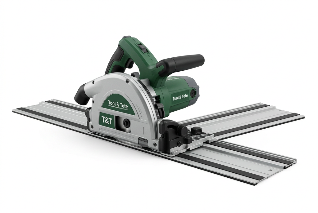 Plunge-cut track saw with guide rail, green handles, and circular blade on base