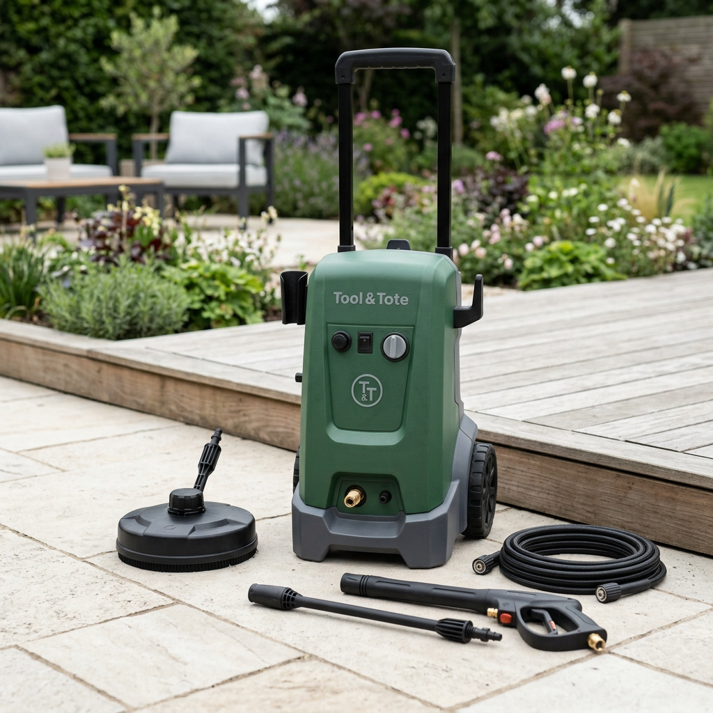 Green electric pressure washer with surface cleaner, coiled hose, and two spray wands