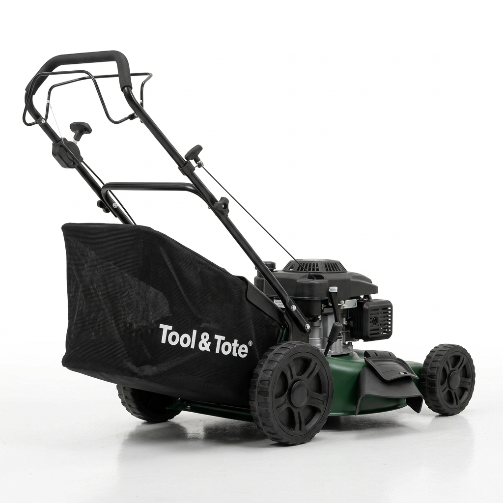 Self-propelled petrol lawn mower with black grass bag, green deck, four wheels