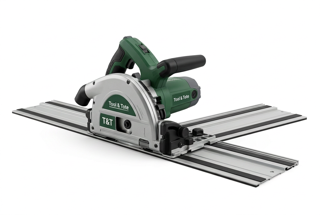 Green plunge-cut track saw with guide rail and circular blade on track base