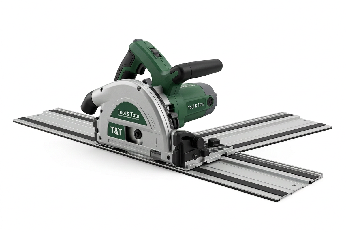 Green plunge-cut track saw with guide rail and circular blade on track base