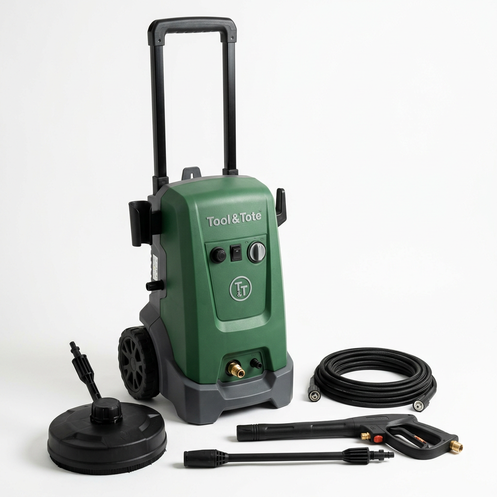 Green electric pressure washer with surface cleaner disc, hose, and two spray wands