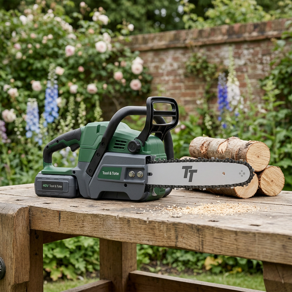Cordless chainsaw, green-gray body with black handle, guide bar and chain, with logs