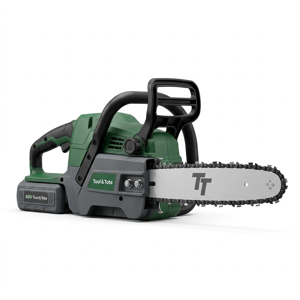 Cordless chainsaw angled view, green-and-gray body with black guard handle and chain bar