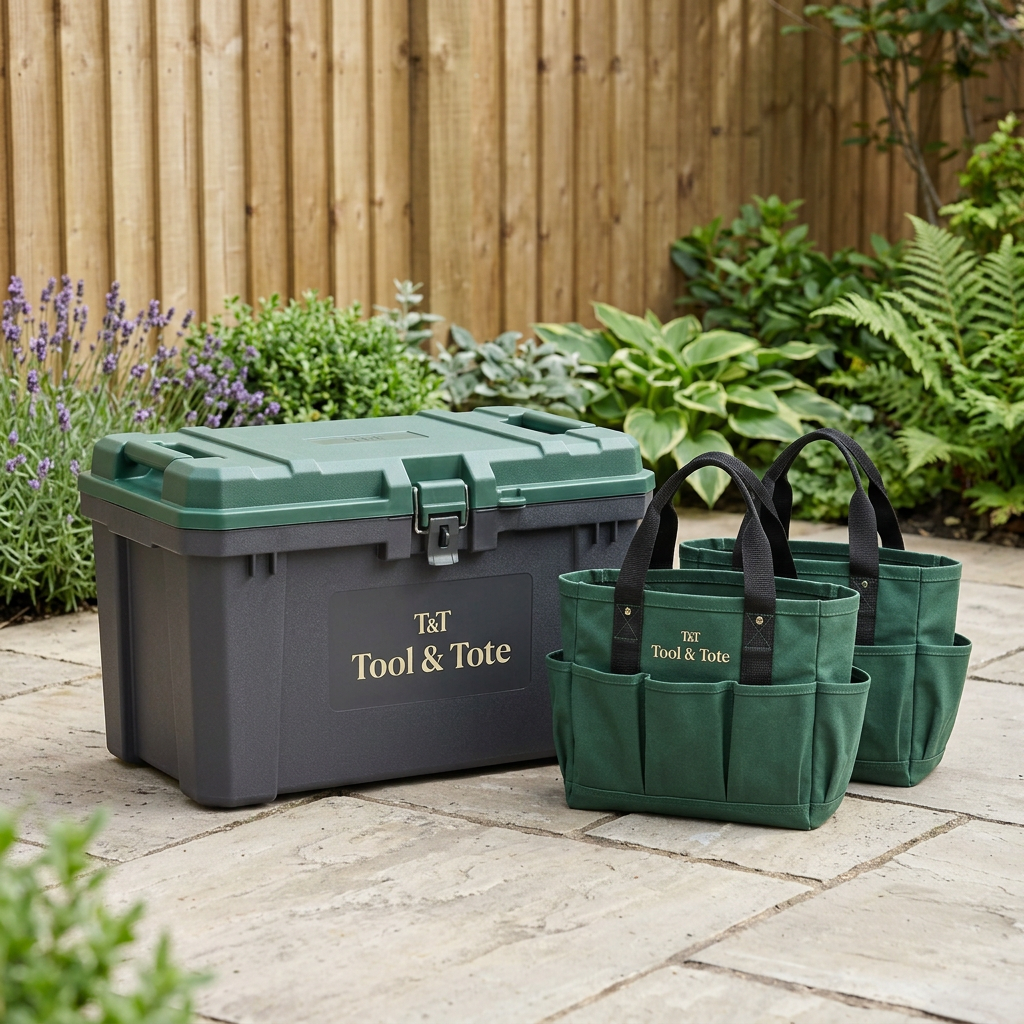 Lockable storage chest with green-lidded top and two green multi-pocket tool tote bags