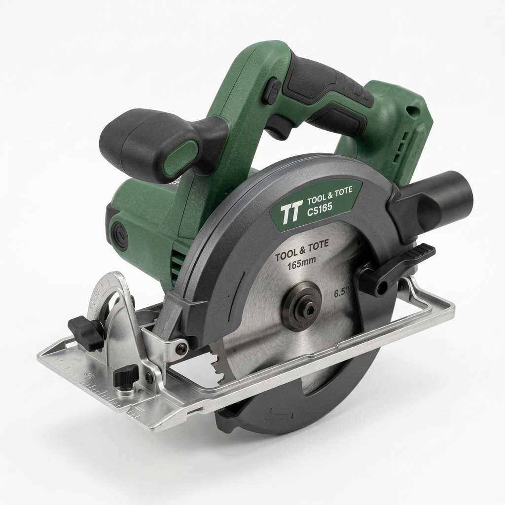Green cordless circular saw, front view with black grips and 165mm blade guard