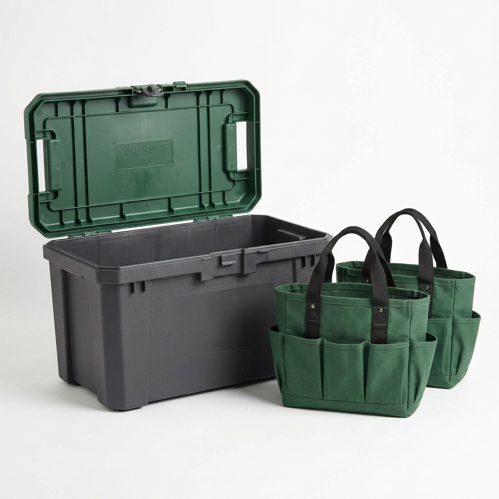 Lockable garden storage chest with dark bin and green tote organizer bags set