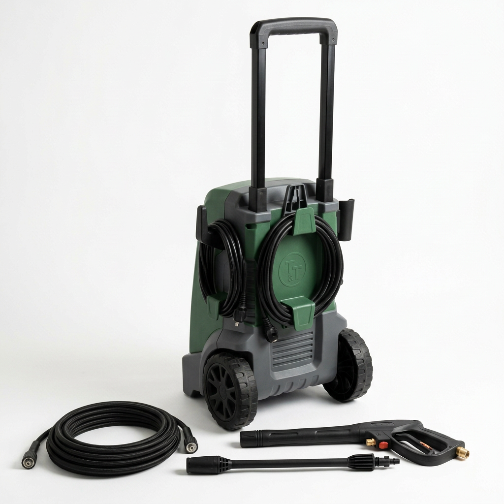 Green electric pressure washer with coiled hose, spray gun, and two nozzles