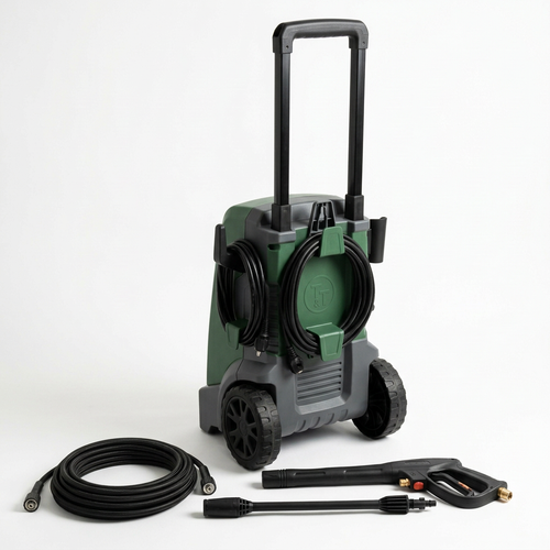 Green electric pressure washer with coiled hose, spray gun, and two nozzles