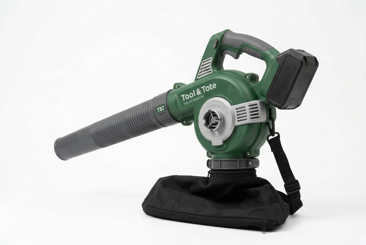 Cordless leaf blower/vacuum angled view, green housing, blower tube, and black bag