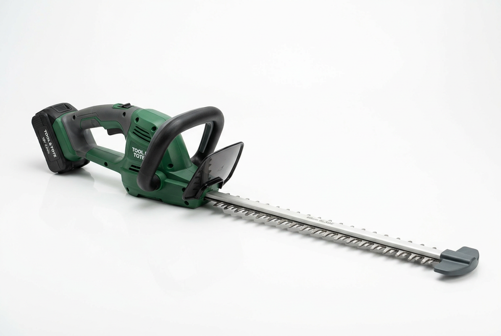 Cordless hedge trimmer with angled blade, green housing, black rear battery handle