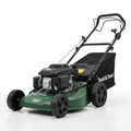 Self-propelled petrol lawn mower with black grass bag, green deck, pull-start handle