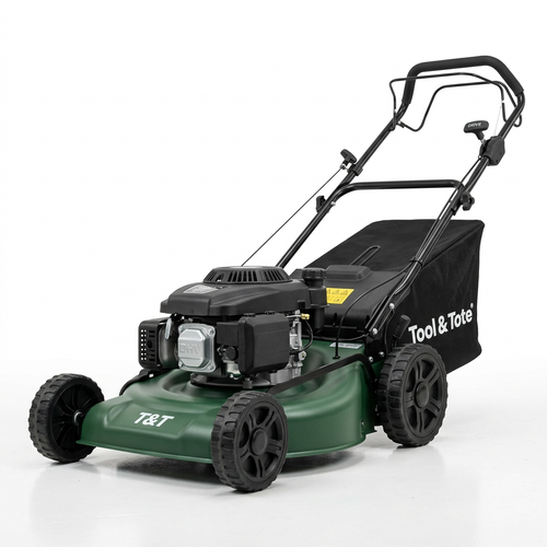 Self-propelled petrol lawn mower with black grass bag, green deck, pull-start handle