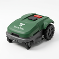 Green robotic lawn mower with Tool & Tote logo and red STOP button, four large wheels