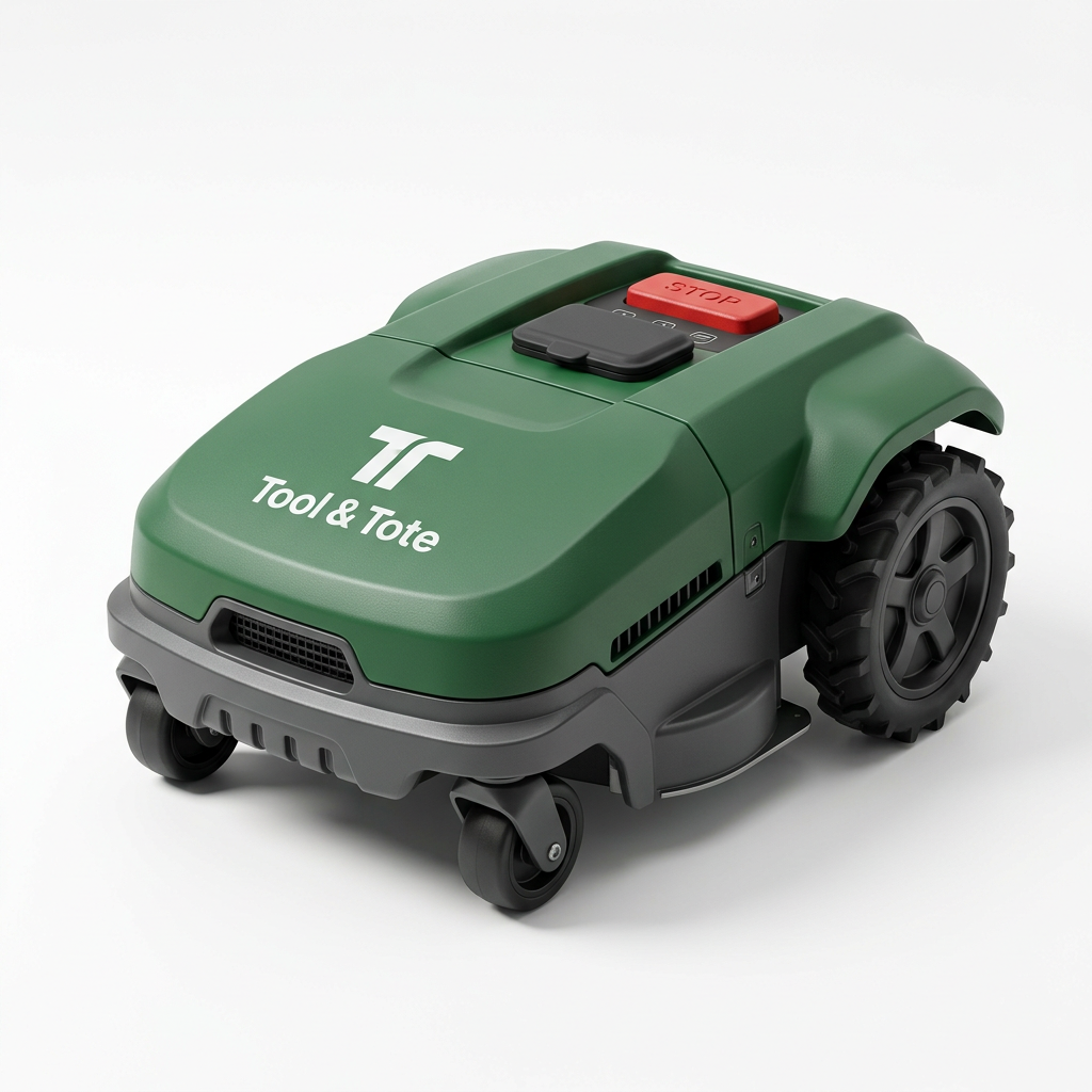 Green robotic lawn mower with Tool & Tote logo and red STOP button, four large wheels