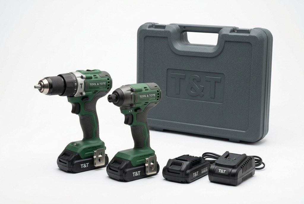 Green combi drill and impact driver twin pack with open case and two batteries