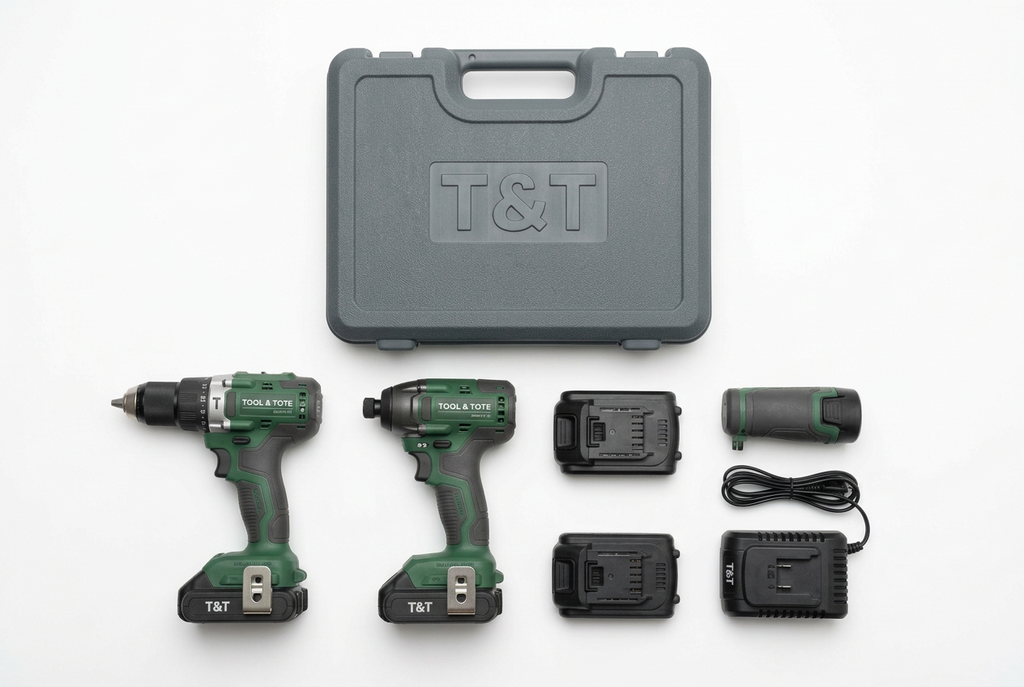 Tool twin pack with closed case, two green drills, two chargers and power cord