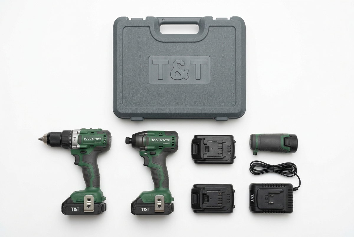 Tool twin pack with closed case, two green drills, two chargers and power cord